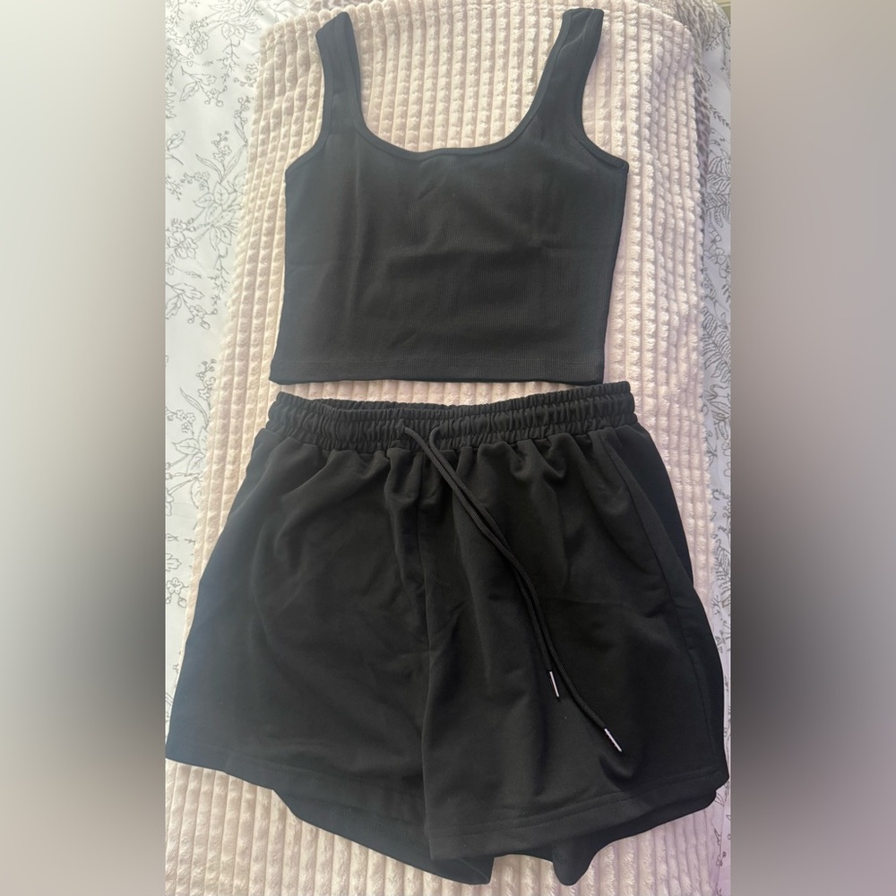 Chic Black Polyester Top and Jogger Set